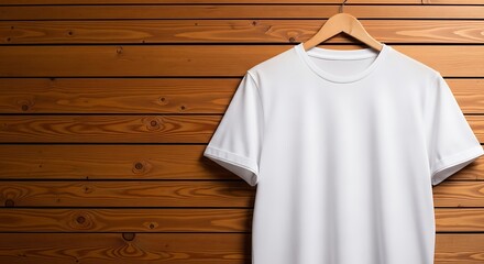 Plain white tshirt hanging on a wooden wall, ready for customization
