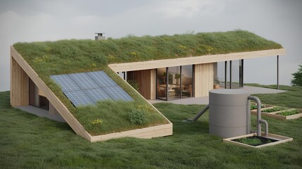 Eco friendly house with green roof, solar panels and rainwater harvest system for sustainable living