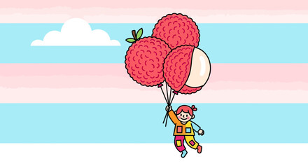 Joyful Girl Floating On Lychee Balloons Amidst A Whimsical Sky Cartoon Art
