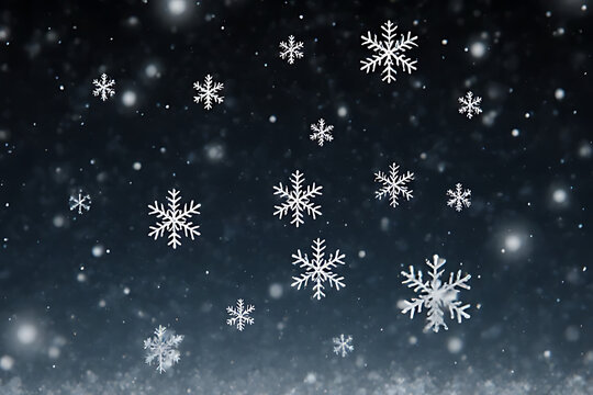 Gentle Snowflakes Falling Against a Dark Night Sky, Serene Winter Background for Holiday and Seasonal Designs