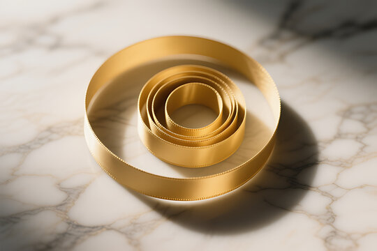 Luxurious Gold Satin Ribbon Coiled in a Spiral on White Marble, Elegant Background for Luxury and Holiday Concepts