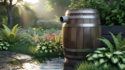 Rainwater harvest with barrel in lush garden representing sustainable living