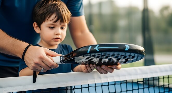 Father teaching his son paddle tennis holding the racket over the net on the tennis court outdoors