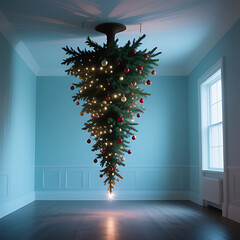 Surreal Upside-Down Christmas Tree Hanging from Ceiling in a Minimalist Blue Room, Magical Holiday Concept

