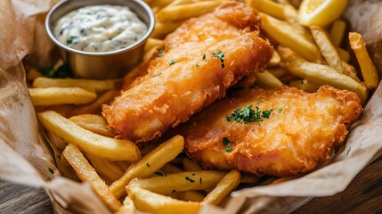 Delicious fish and chips served in a basket with tartar sauce and a lemon wedge, a classic comfort food
