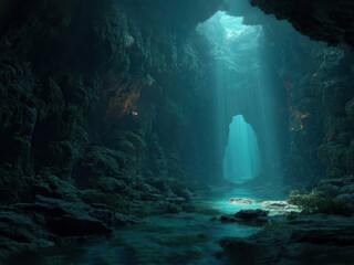 Underwater cave scene, clear water revealing rocky contours and stalactites Light streams in from the top, creating blue illumination and dramatic contrast - AI-Generated