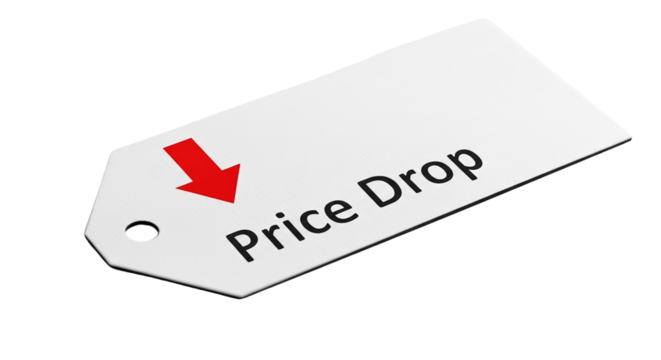 Price Drop tag with downward arrow isolated on a transparent background 