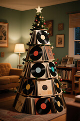 Creative Christmas Tree Made from Stacked Vinyl Records and Sleeves, Topped with a Mini Tree, Perfect for Music Lovers

