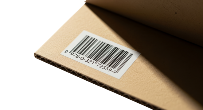 Barcode printed on product packaging on cardboard box with shadow  isolated on a transparent background 