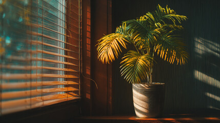 Potted plant with palmate leaves beside window with blinds in warm light