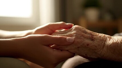 Close Up of Young Gentle Hands Comforting Elderly Wrinkled Hands with Visible Veins Under Sunlight in a Room with Blurred Background Symbolizing Care and Generational Connection