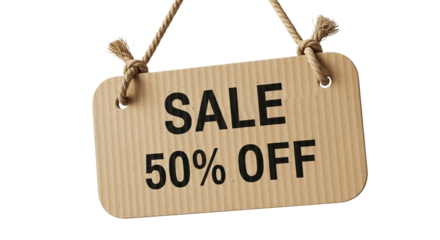 Hanging cardboard promotion sign displaying sale of 50% off  isolated on a transparent background 