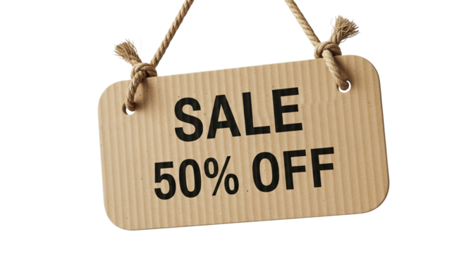 Hanging cardboard promotion sign displaying sale of 50% off isolated on a transparent background