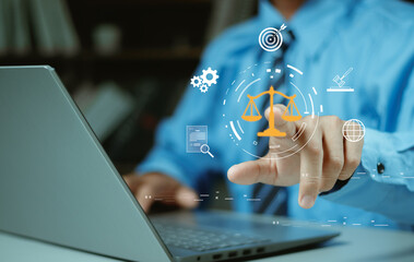 Law concept. Legal Professional with Justice Icons. A professional holding virtual icons symbolizing law, justice, and legal services. business legislation, Notary public, legal advice online, Lawyer,