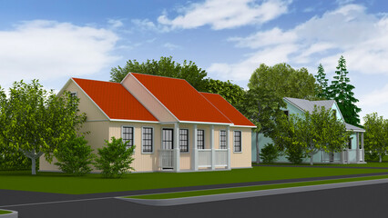 Small house with a porch and a red roof against the background of a lawn, trees and cloudy sky. 3d illustration