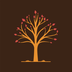 Autumn tree illustration with red leaves on dark background, abstract tree with colorful leaves, abstract tree with autumn leaves, vector tree silhouette, Decorative tree icon Autumn tree illustration