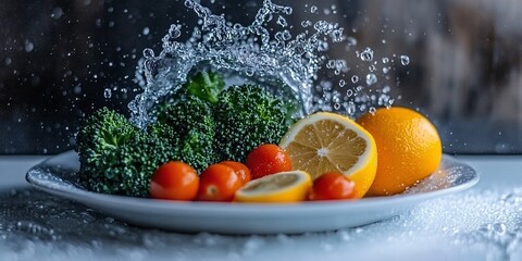 fresh organic vegetables and fruits splashing water for healthy eating and hydration concepts