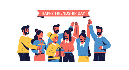 Joyful Group Celebrating Friendship Day With Gifts And Raised Hands On Black Background