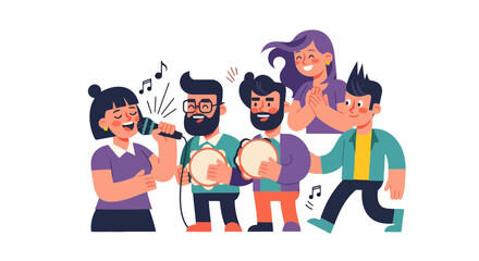 Joyful Group Celebrating Music With Tambourines, Singing, And Applauding Friends