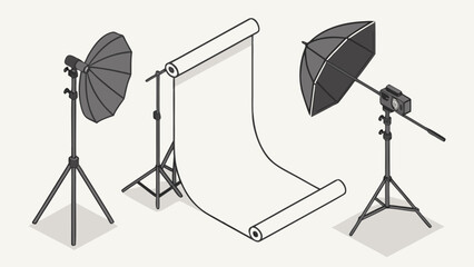 "Realistic 3D render of professional photography set with multiple lighting sources, seamless white backdrop, and reflector umbrella. Modern studio setup for product, fashion, and portrait photography