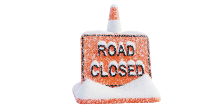 Road Closed sign covered in snow with traffic cone concept of transparent background  