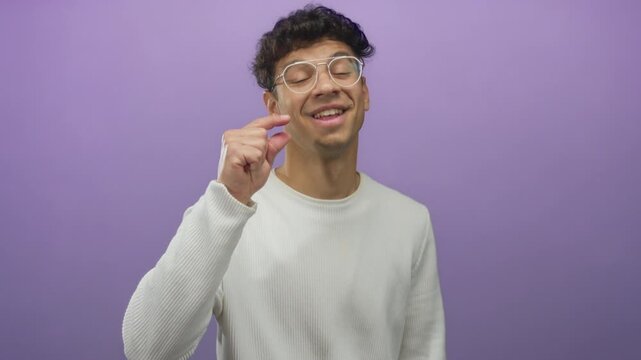 Man adjusts glasses gesture in studio setting with purple backdrop, holding fingers close to lens; precision focus.