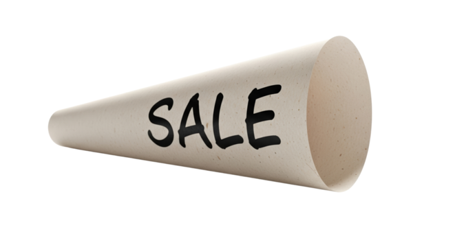 Rolled paper megaphone announcing sale on transparent background  