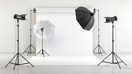 "Realistic 3D render of professional photography set with multiple lighting sources, seamless white backdrop, and reflector umbrella. Modern studio setup for product, fashion, and portrait photography