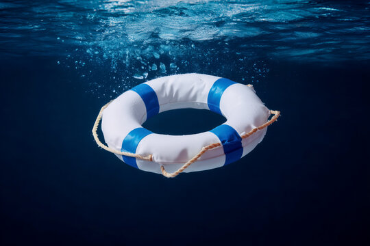 Floating life preserver offering hope and safety in deep blue ocean waters, a symbol of rescue and survival.