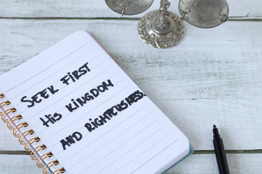 Inspirational Christian text to seek God first and His righteousness with balance scales. Biblical concept.