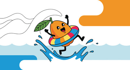 Joyful Mango Character Enjoying Ocean Waves With Colorful Lifesaver In Summer