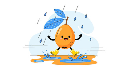 Joyful Mango Character Enjoying Puddles While Dancing Under the Rain With Yellow Boots