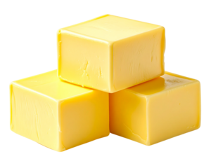 A photorealistic AI-generated image of three smooth butter cubes stacked neatly on