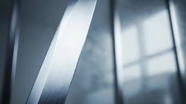 Close Up Shot of Sharp Metallic Knife Against Soft Focused Blue Background in Dim Light Depicting Danger and Potential Threat for