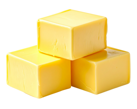 A photorealistic AI-generated image of three smooth butter cubes stacked neatly on