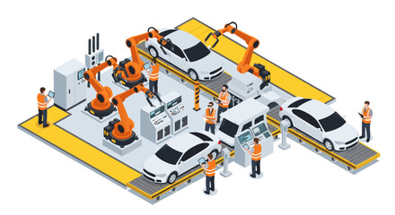 Automotive manufacturing plant with robotic arms and workers on an assembly line