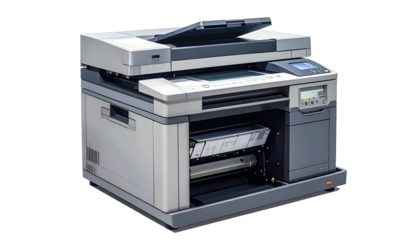 Multifunction printer with open paper tray and angled top