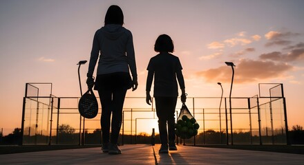 Silhouette of mother and child walking on a padel court at sunset holding equipment and balls