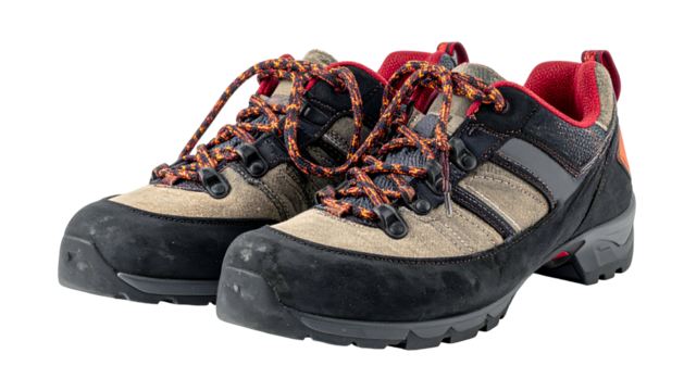 Hiking boots with grey, black, and beige panels and orange laces