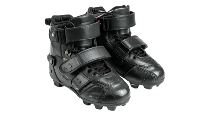 Pair of black high-top footwear with straps, against black backdrop