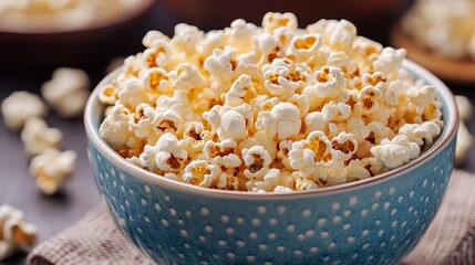 Close up of a blue bowl full of popcorn on a table, perfect for movie night snacking at home