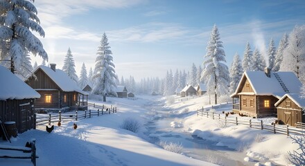 Peaceful Winter Village with Snowy Cabins and Frozen River