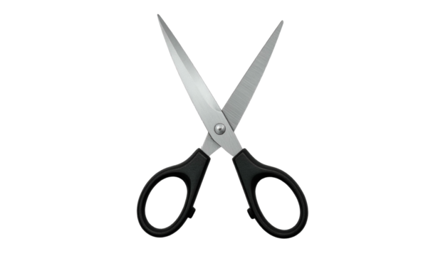 Open scissors with black handles on a dark background