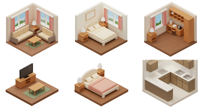 Isometric illustrations of various room interiors and furniture arrangements