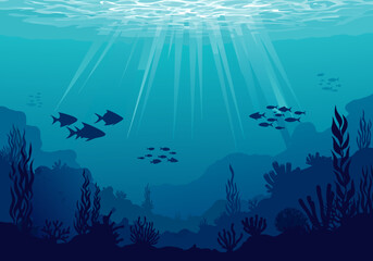 Tranquil deep ocean background with sunbeams illuminating schools of fish and coral reef silhouettes, a peaceful marine life vector scene. e