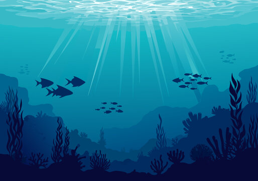 Tranquil deep ocean background with sunbeams illuminating schools of fish and coral reef silhouettes, a peaceful marine life vector scene. e