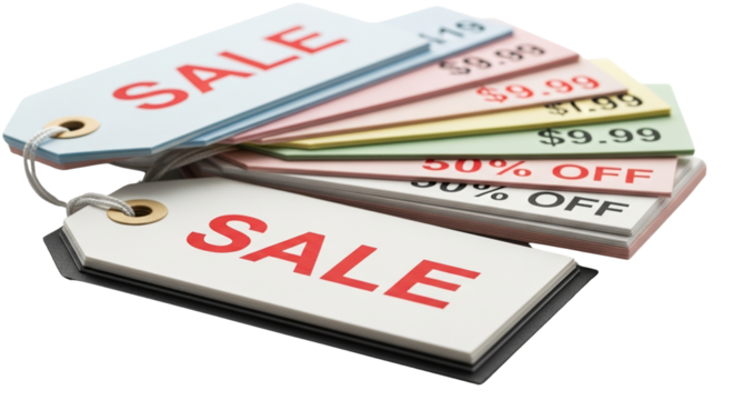 Set of colorful sale price tags stacked together isolated on a transparent background 