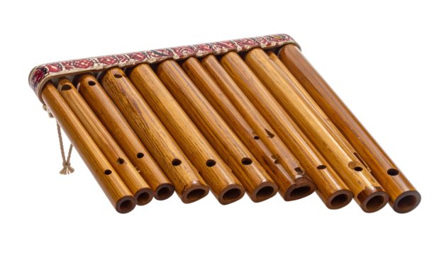 Wood pan flute with colorful embroidered band, musical instrument