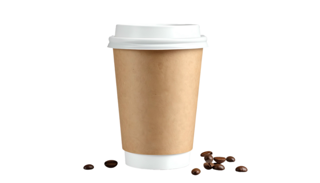 Brown paper coffee cup w/ lid and beans on isolated black backdrop