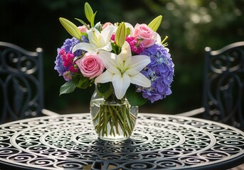 A colorful bouquet of fresh flowers in a glass vase on an ornate garden table. Floral arrangement with white lilies, pink roses, and purple hydrangeas for a summer celebration